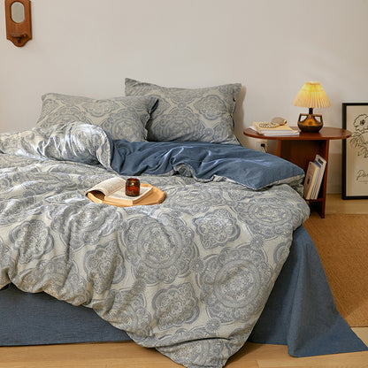 Nordic Blue Geometric Bohemian Jacquard Duvet Cover Set, Washed Cotton 400TC Bedding Set