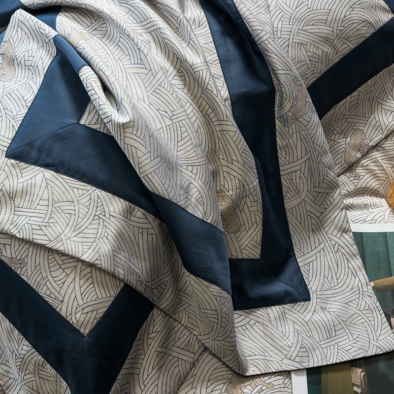 Blue Gold Nordic Leopard Satin Jacquard Duvet Cover, Egyptian Cotton 1000TC Bedding Set