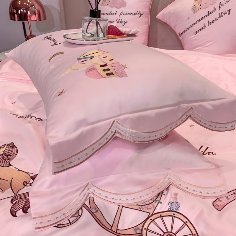 Princess White Pink Lace Skirt Castle Embroidered Duvet Cover Set, Silk Cotton Bedding Set for Girls