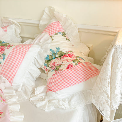 Pink White Pastoral Rose American Floral Princess Lace Bed Skirt Duvet Cover Set, 100% Cotton Bedding Set
