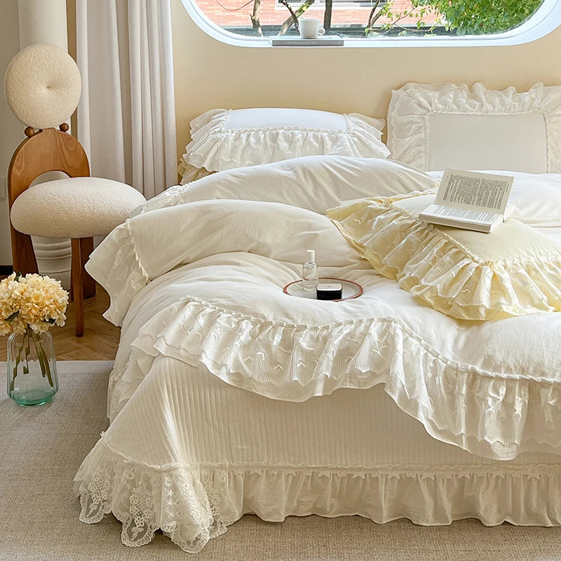Pearl White Cream Yellow Princess Wedding Duvet Cover Set, Cotton 100% Bedding Set