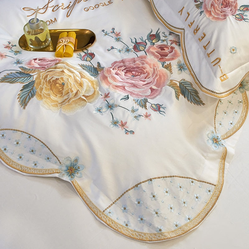 Premium White Peony Rose Flower Embroidered Wedding Duvet Cover Set, Egyptian Cotton 1000TC Bedding Set