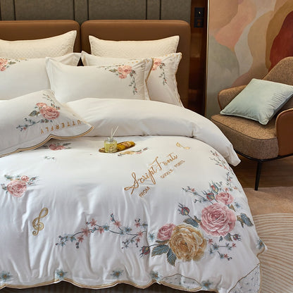 Premium White Peony Rose Flower Embroidered Wedding Duvet Cover Set, Egyptian Cotton 1000TC Bedding Set