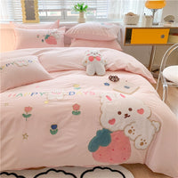 Thumbnail for Pink Happy Rabbit Strawberry Girls Kids Duvet cover Set, 100% Cotton Bedding Set