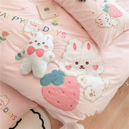 Pink Happy Rabbit Strawberry Girls Kids Duvet cover Set, 100% Cotton Bedding Set