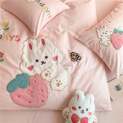 Pink Happy Rabbit Strawberry Girls Kids Duvet cover Set, 100% Cotton Bedding Set
