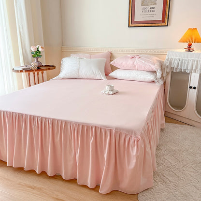Pink White Flower Princess Wedding Bed Skirt Duvet Cover Set, 100% Cotton Bedding Set