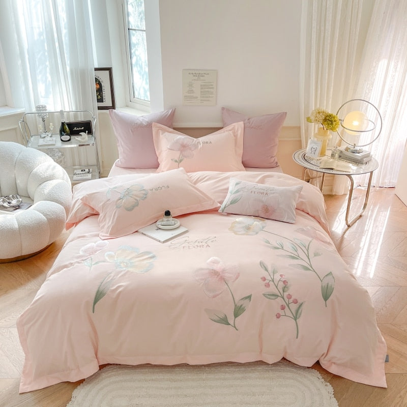 Pink Flowers Premium Embroidery Duvet Cover Set, 1000TC Egyptian Cotton Bedding Set