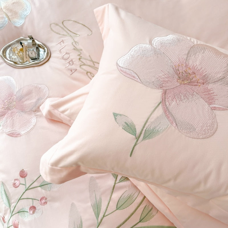 Pink Flowers Premium Embroidery Duvet Cover Set, 1000TC Egyptian Cotton Bedding Set