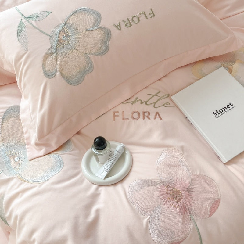 Pink Flowers Premium Embroidery Duvet Cover Set, 1000TC Egyptian Cotton Bedding Set