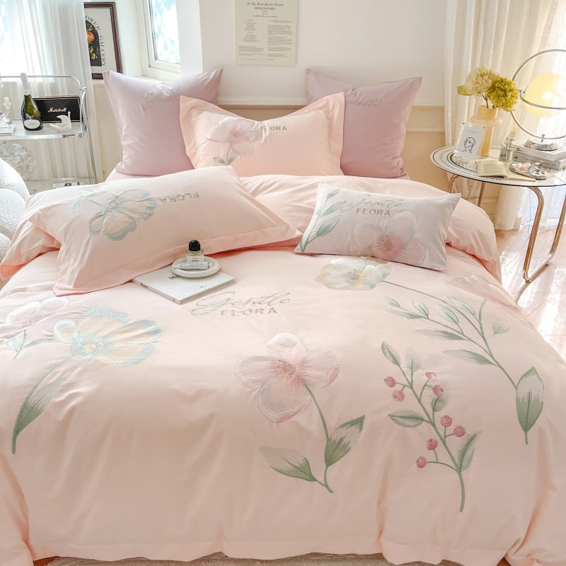 Pink Flowers Premium Embroidery Duvet Cover Set, 1000TC Egyptian Cotton Bedding Set