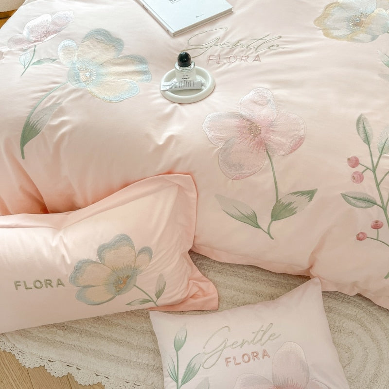 Pink Flowers Premium Embroidery Duvet Cover Set, 1000TC Egyptian Cotton Bedding Set