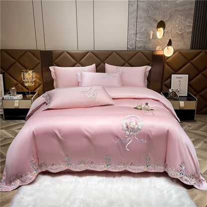 Pink Green Luxury Europe Elegant Floral Embroidery Duvet Cover, 1000TC Egyptian Cotton Bedding Set