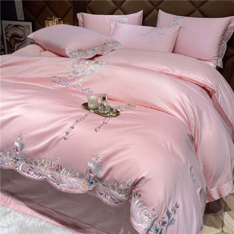 Pink Green Luxury Europe Elegant Floral Embroidery Duvet Cover, 1000TC Egyptian Cotton Bedding Set