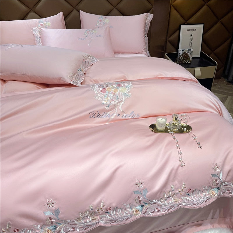 Pink Green Luxury Europe Elegant Floral Embroidery Duvet Cover, 1000TC Egyptian Cotton Bedding Set