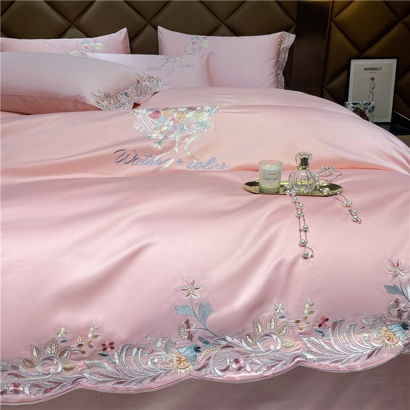 Pink Green Luxury Europe Elegant Floral Embroidery Duvet Cover, 1000TC Egyptian Cotton Bedding Set