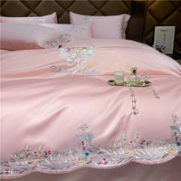 Thumbnail for Pink Green Luxury Europe Elegant Floral Embroidery Duvet Cover, 1000TC Egyptian Cotton Bedding Set