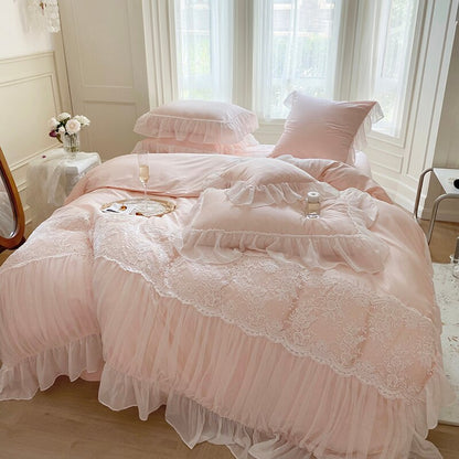 Luxury Pink Romantic French Wedding Lace Embroidery Sweet Duvet Cover Set, 1400TC Egyptian Cotton Bedding Set