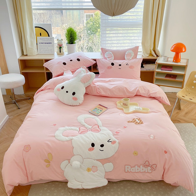 White Pink Big Rabbit Kids Embroidery Girls Duvet Cover Set, 100% Cotton Bedding Set