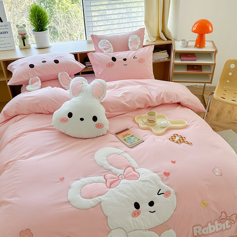 White Pink Big Rabbit Kids Embroidery Girls Duvet Cover Set, 100% Cotton Bedding Set