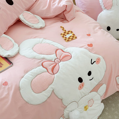 White Pink Big Rabbit Kids Embroidery Girls Duvet Cover Set, 100% Cotton Bedding Set