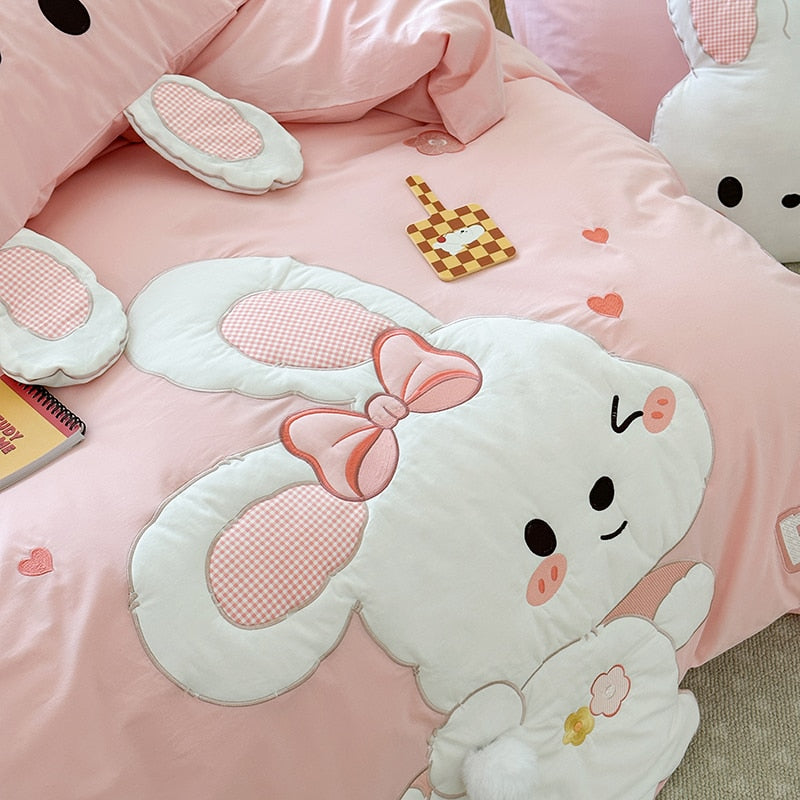 White Pink Big Rabbit Kids Embroidery Girls Duvet Cover Set, 100% Cotton Bedding Set