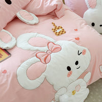 Thumbnail for White Pink Big Rabbit Kids Embroidery Girls Duvet Cover Set, 100% Cotton Bedding Set