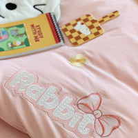 Thumbnail for White Pink Big Rabbit Kids Embroidery Girls Duvet Cover Set, 100% Cotton Bedding Set