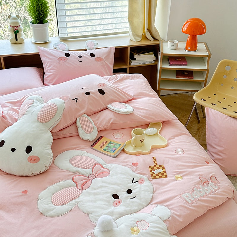 White Pink Big Rabbit Kids Embroidery Girls Duvet Cover Set, 100% Cotton Bedding Set