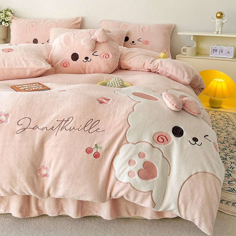 Pink Rabbit Animal Embroidery Kid Duvet Cover, Velvet Fleece Bedding Set