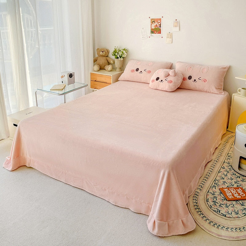 Pink Rabbit Animal Embroidery Kid Duvet Cover, Velvet Fleece Bedding Set