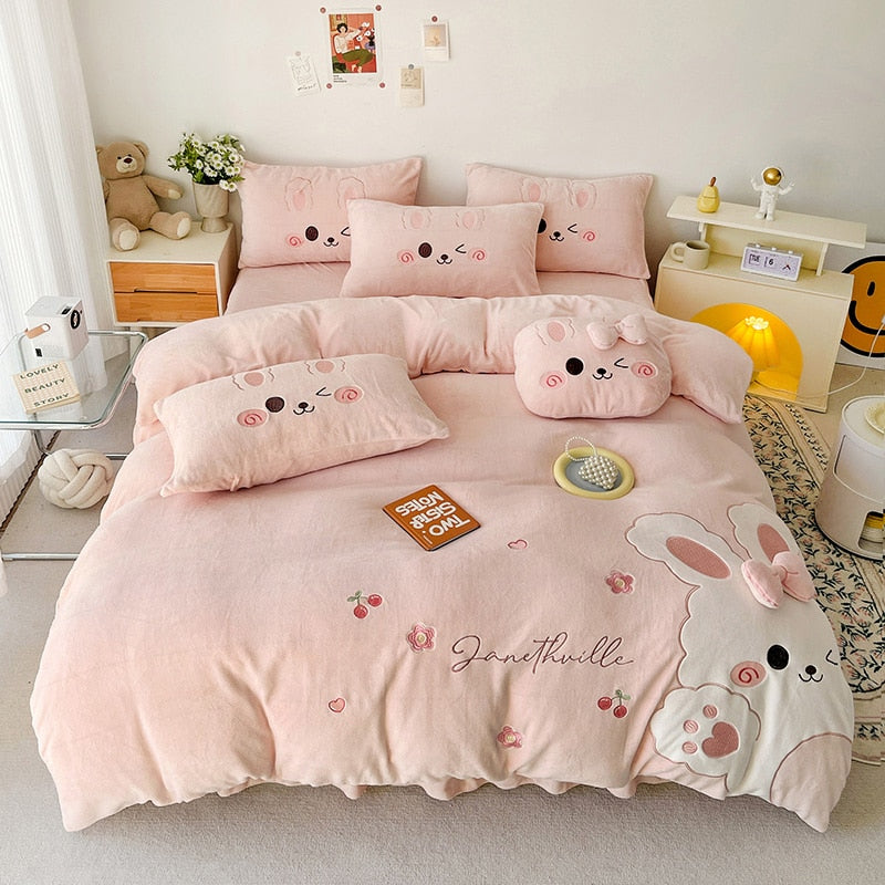 Pink Rabbit Animal Embroidery Kid Duvet Cover, Velvet Fleece Bedding Set