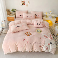 Thumbnail for Pink Rabbit Animal Embroidery Kid Duvet Cover, Velvet Fleece Bedding Set