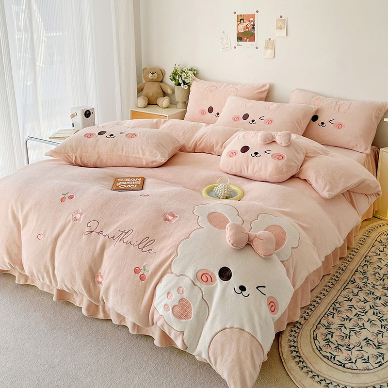 Pink Rabbit Animal Embroidery Kid Duvet Cover, Velvet Fleece Bedding Set