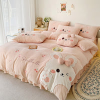 Thumbnail for Pink Rabbit Animal Embroidery Kid Duvet Cover, Velvet Fleece Bedding Set