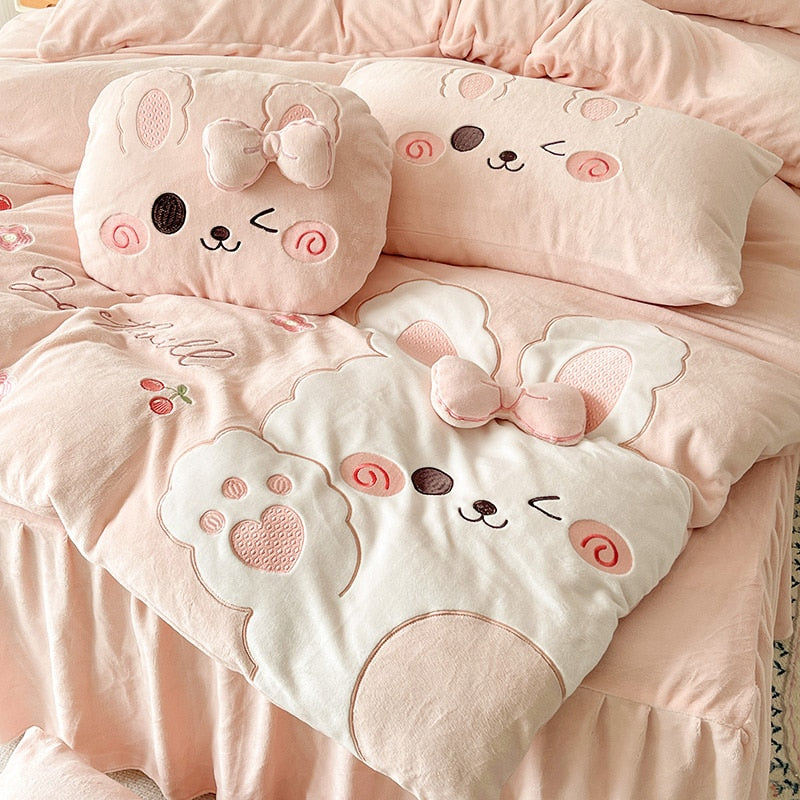 Pink Rabbit Animal Embroidery Kid Duvet Cover, Velvet Fleece Bedding Set