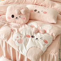 Thumbnail for Pink Rabbit Animal Embroidery Kid Duvet Cover, Velvet Fleece Bedding Set