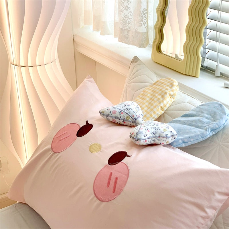 Pink Rabbit Embroidery Girls Kids Soft Cozy Duvet Cover Set, 1000TC Egyptian Cotton Bedding Set