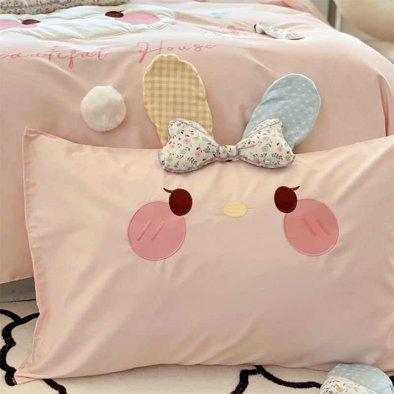 Pink Rabbit Embroidery Girls Kids Soft Cozy Duvet Cover Set, 1000TC Egyptian Cotton Bedding Set