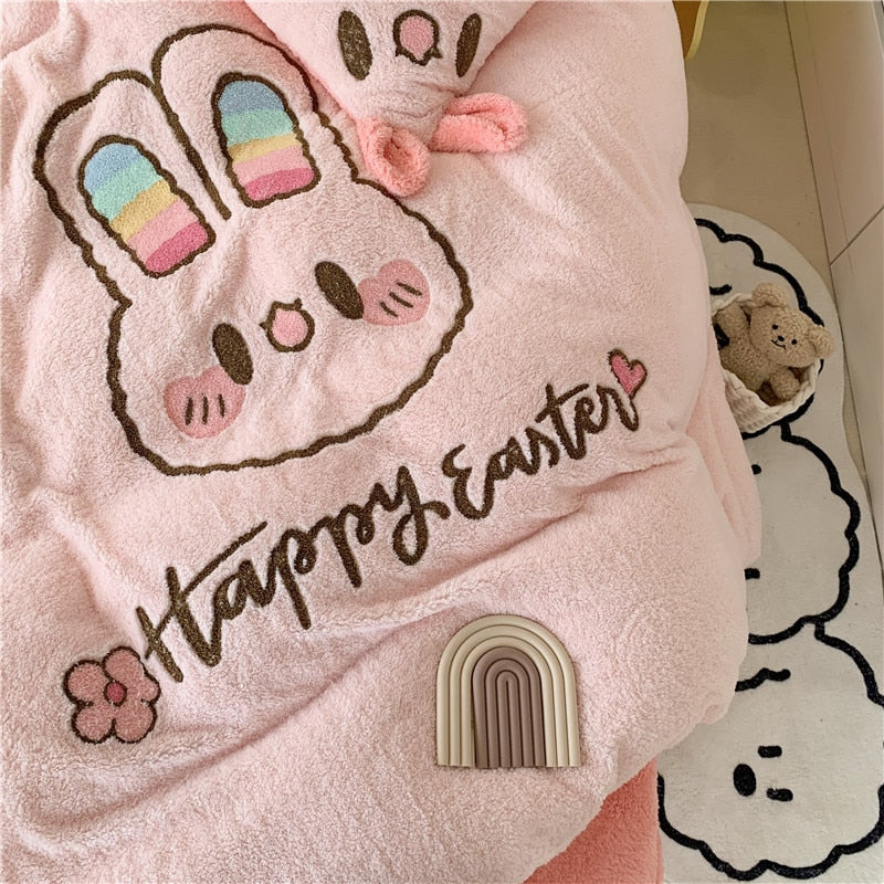 Pink Blue Rabbit Happy Embroidery Short Plush Duvet Cover, Velvet Fleece Bedding Set