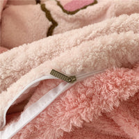 Thumbnail for Pink Blue Rabbit Happy Embroidery Short Plush Duvet Cover, Velvet Fleece Bedding Set