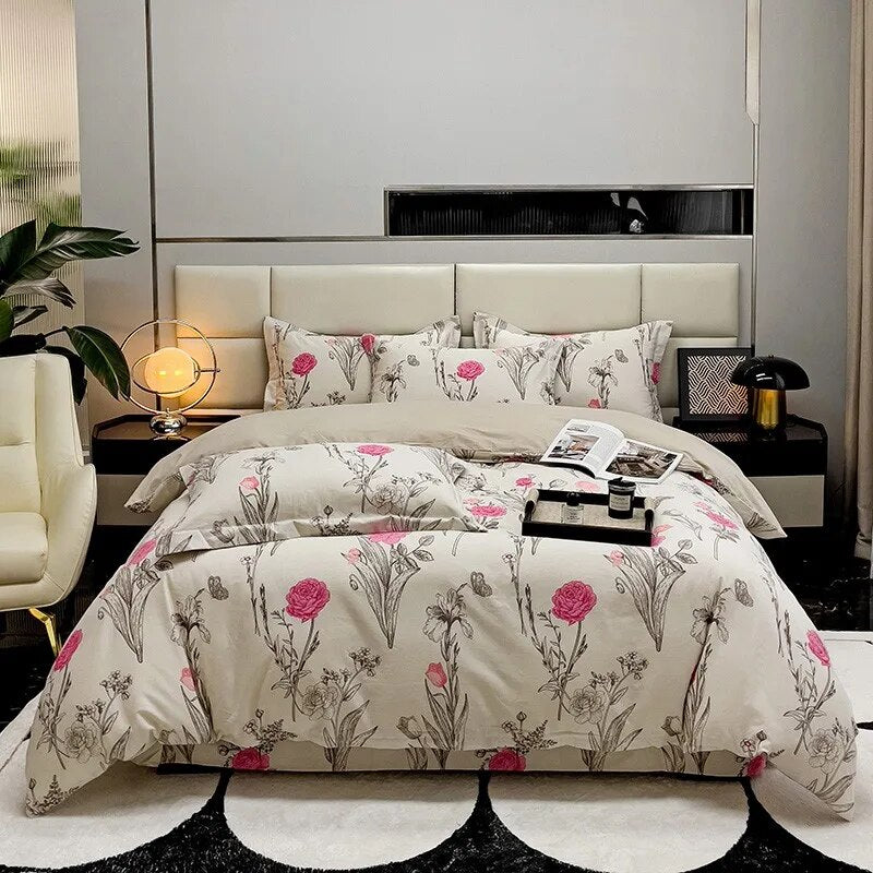 Pink Rose Flowers Premium Family Duvet Cover Set, 100%Cotton Brushed Bedding Set