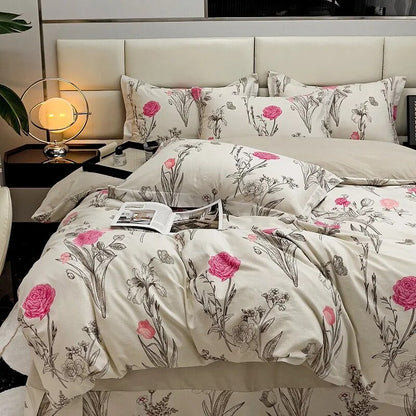 Pink Rose Flowers Premium Family Duvet Cover Set, 100%Cotton Brushed Bedding Set