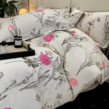 Pink Rose Flowers Premium Family Duvet Cover Set, 100%Cotton Brushed Bedding Set
