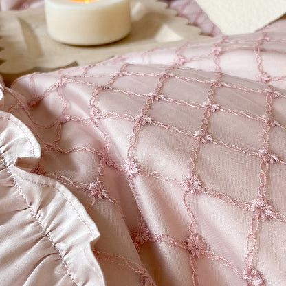Pink French Princess Europe Wedding Lace Pleated Edge Duvet Cover, 1000TC Egyptian Cotton Bedding Set