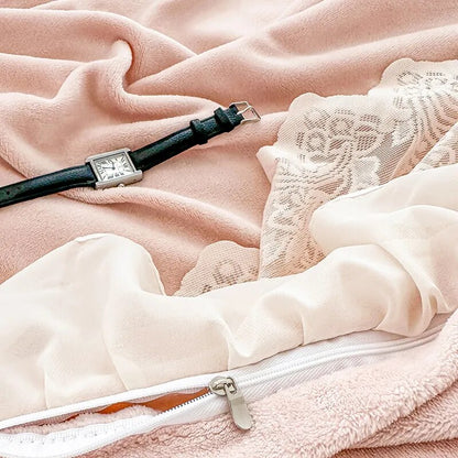 Pink White European Lace French Princess Wedding Velvet Fleece Duvet Cover Set Bedding Set