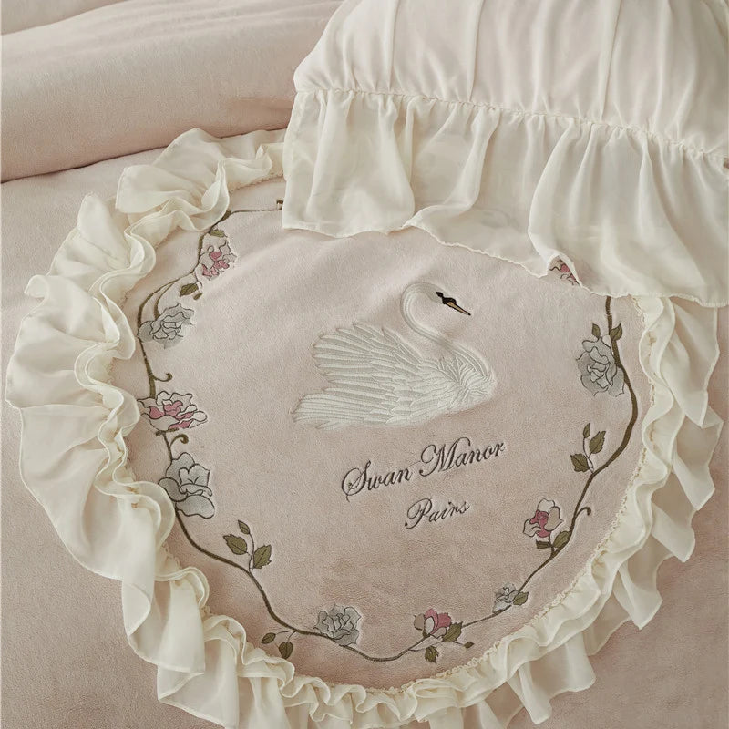 Pink Pleat Chiffon Swan Flowers Embroidery Velvet Fleece Wedding Duvet Cover Bedding Set
