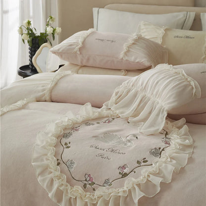 Pink Pleat Chiffon Swan Flowers Embroidery Velvet Fleece Wedding Duvet Cover Bedding Set