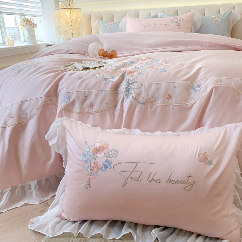 Pink Blue Luxury Romantic Lace Ruffles Flowers Wedding Duvet Cover, Egyptian Cotton 1200TC Bedding Set