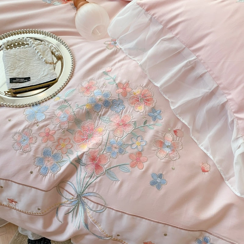 Pink Blue Luxury Romantic Lace Ruffles Flowers Wedding Duvet Cover, Egyptian Cotton 1200TC Bedding Set